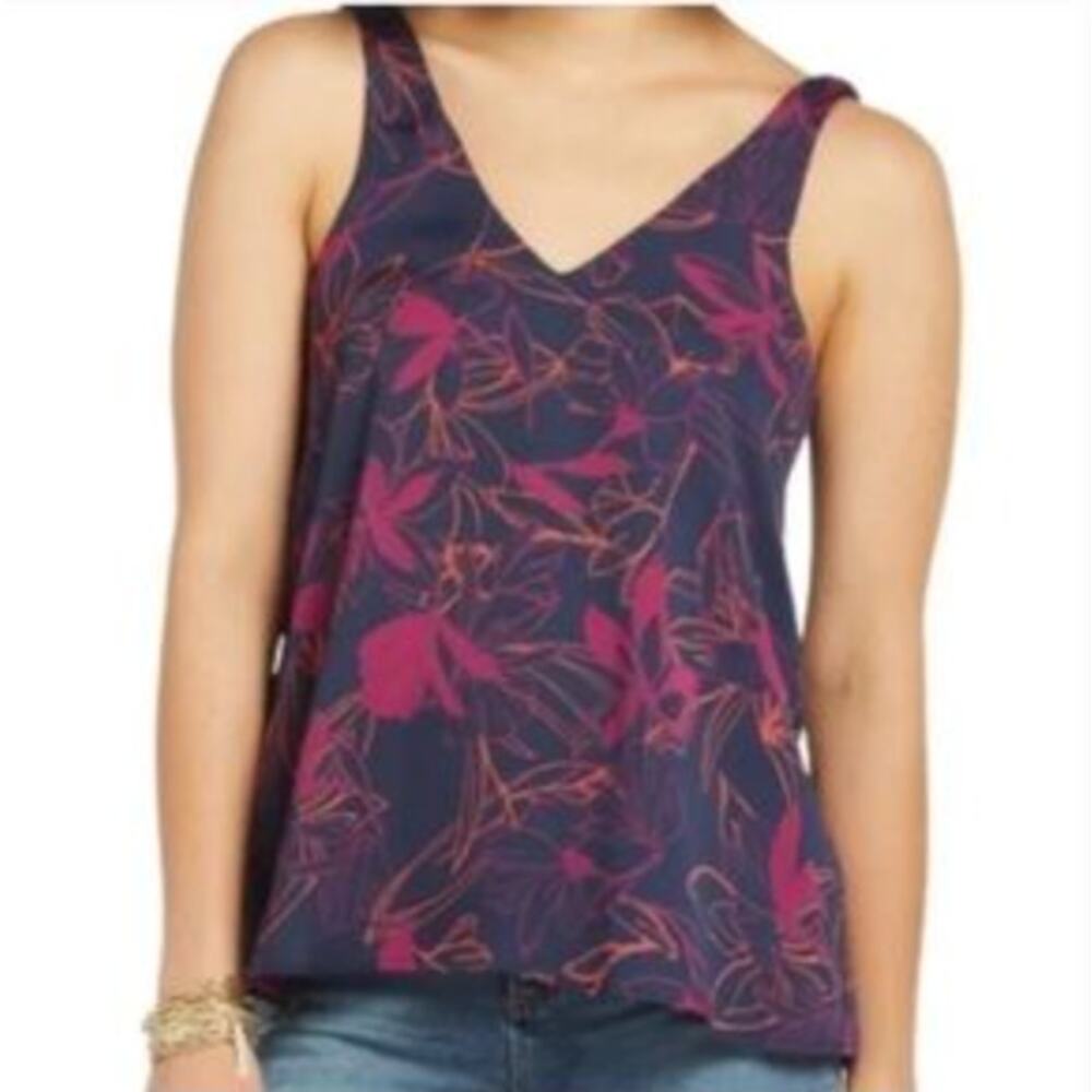 NEW Evereve Allison Joy Ciara Double V Tank Top Navy Blue Pink Size Small Floral